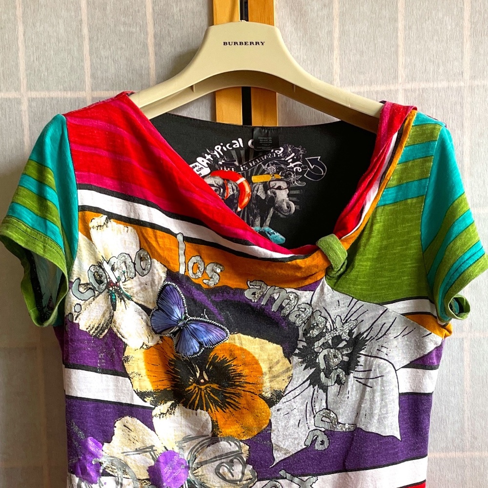 Desigual butterfly n floral multimedia top, asymmetrical knot neckline, size M